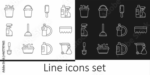 Set line Trash can and garbage bag, Sponge with bubbles, Adhesive roller, Rubber plunger, Spray bottle detergent liquid, Bucket soap suds, Dishwashing plate and icon. Vector