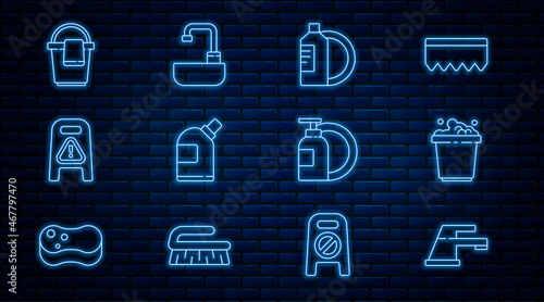 Set line Water tap, Bucket with soap suds, Dishwashing liquid bottle and plate, Bottles for cleaning agent, Wet floor progress, rag, and Washbasin water icon. Vector
