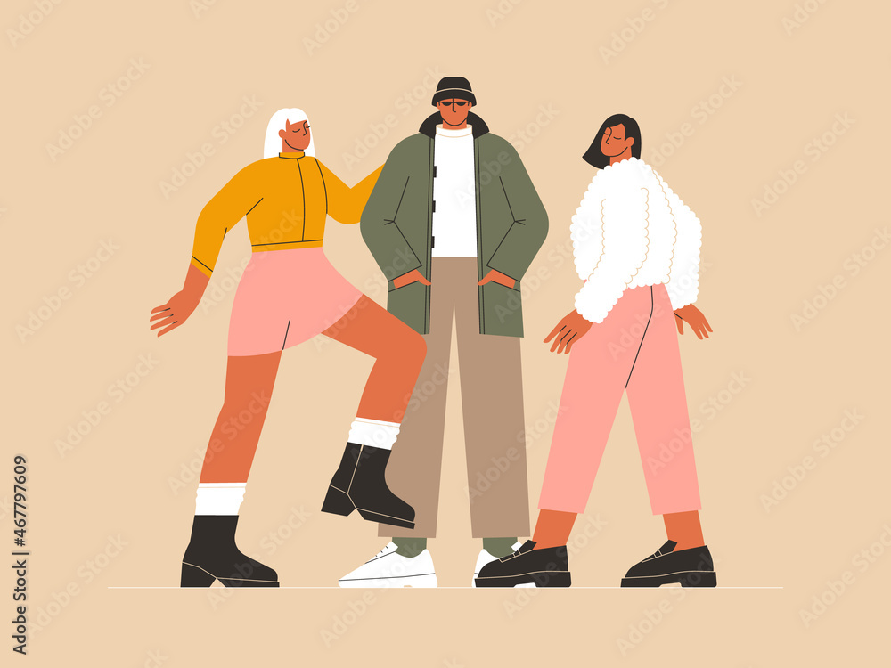 Street fashion style concept. Group of people, friends, teens wearing stylish casual outfits standing together and posing. Trendy winter, autumn clothes. Modern isolated flat vector illustration