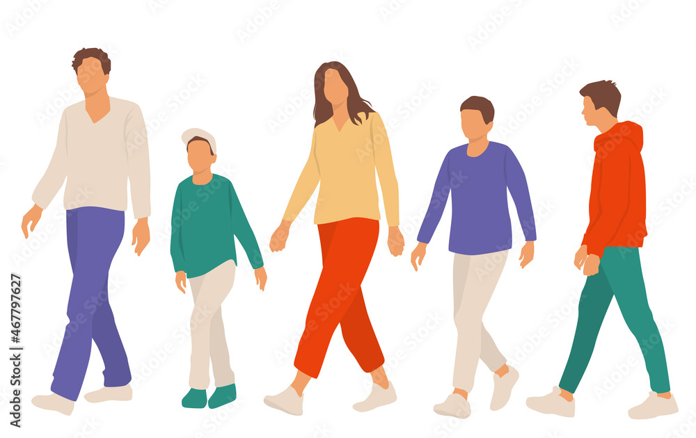 Fototapeta premium Set of family, man, woman and boys, a group of standing people, dad, mom and children, different colors, cartoon character, vector silhouettes, design concept of flat icon, isolated on white 