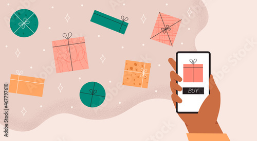 Buying presents online via mobile phone concept. Hand holding smartphone with gift boxes on the screen. Christmas, birthday, holiday celebration. Web banner for sale, discount. Vector illustration