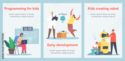 Kids Programming and Creating Robots in Class Cartoon Posters. Engineering for Kids, Children Learn Science, Activities