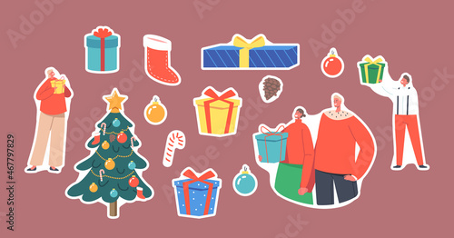 Set of Stickers Happy Family New Year Celebration, Parents, Grandparents and Kids Celebrate at Home near Christmas Tree