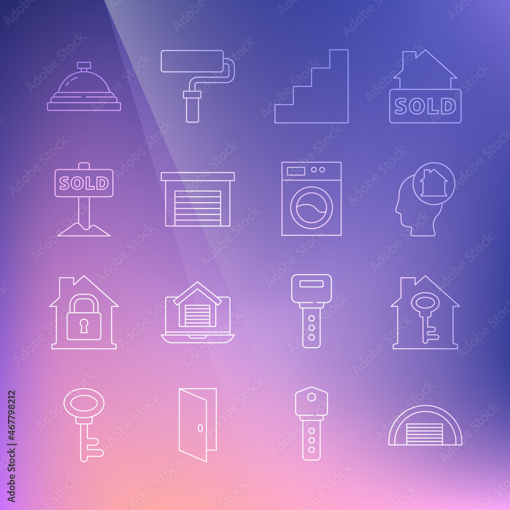 Set line Garage, House with key, Man dreaming about buying house, Staircase, Hanging sign text Sold, Hotel service bell and Washer icon. Vector Set line Garage, House with key, Man dreaming about buying house, Staircase, Hanging sign text Sold, Hotel service bell and Washer icon. Vector