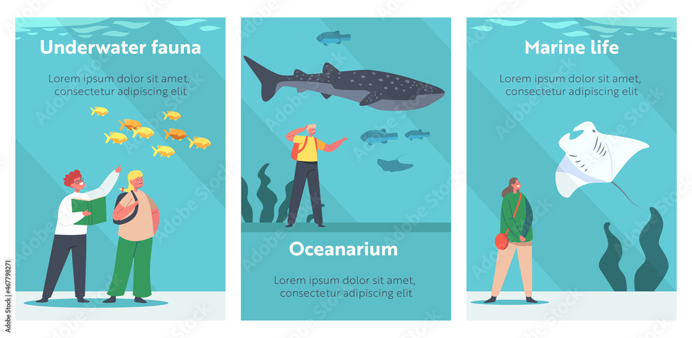 Children in Oceanarium Cartoon Posters. Little Characters Learn Marine Flora and Fauna, Underwater and Sea Animals