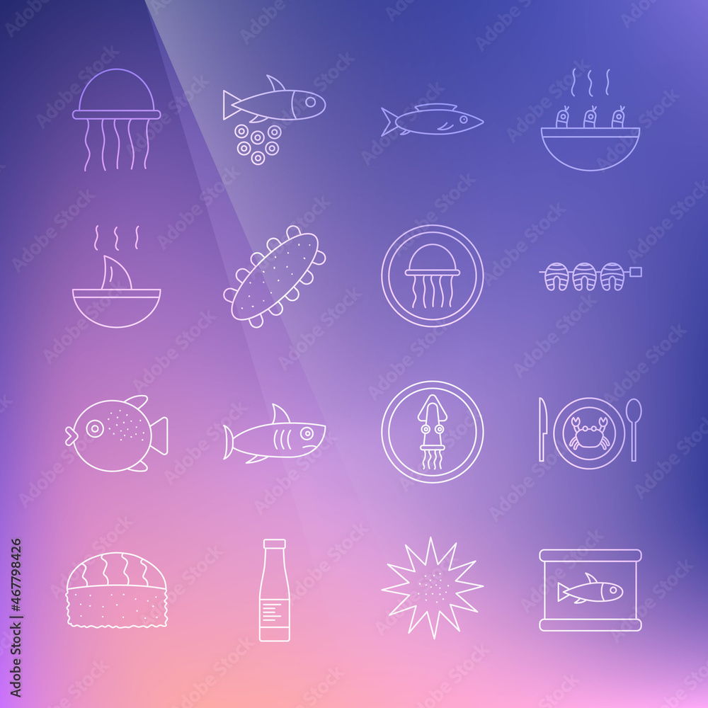 Set line Canned fish, Served crab on plate, Grilled steak, Fish, Sea cucumber, Shark fin soup, Jellyfish and icon. Vector Set line Canned fish, Served crab on plate, Grilled steak, Fish, Sea cucumber, Shark fin soup, Jellyfish and icon. Vector