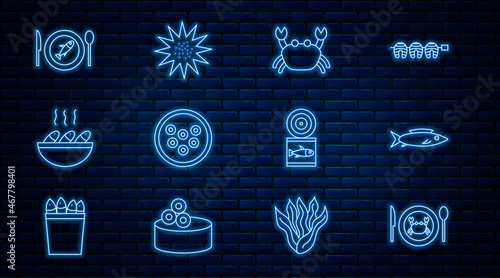 Set line Served crab on a plate, Fish, Crab, Caviar, soup, fish, Canned and Sea urchin icon. Vector
