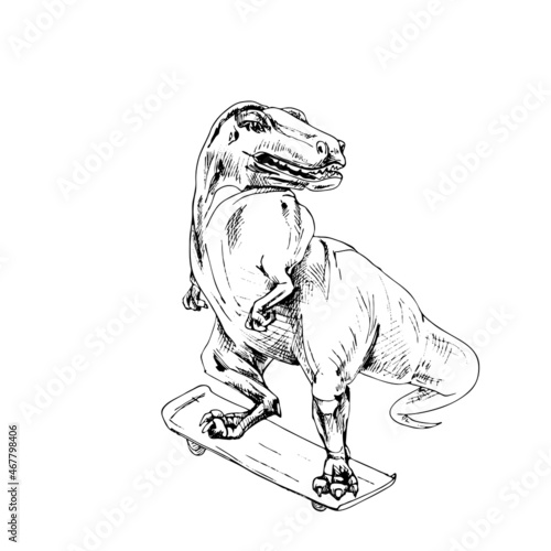 Dinosaur rides on skateboard. Engraving black vintage © iastudio 
