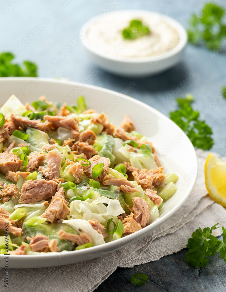 Tuna salad with avocado, celery, spring onion and iceberg lettuce. Tasty healthy food Tuna salad with avocado, celery, spring onion and iceberg lettuce. Tasty healthy food