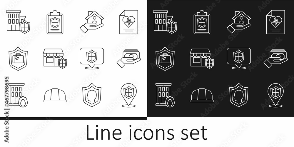 Set line Location shield, Stacks paper money cash, House insurance, Shopping building with, Travel suitcase, and Document icon. Vector