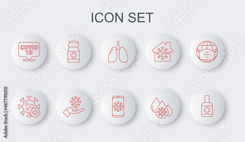 Set line Liquid antibacterial soap, Positive virus, Lungs, Blood test and, Corona on location, Medicine bottle pills, Hand with and Virus statistics mobile icon. Vector