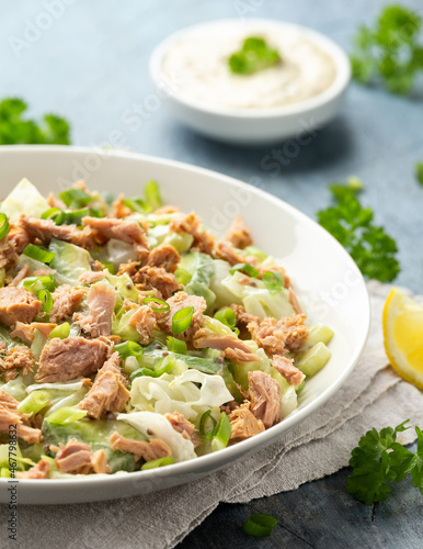 Tuna salad with avocado, celery, spring onion and iceberg lettuce. Tasty healthy food