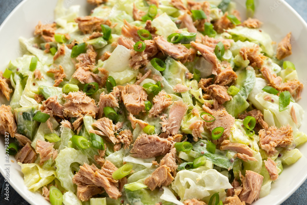 Tuna salad with avocado, celery, spring onion and iceberg lettuce. Tasty healthy food Tuna salad with avocado, celery, spring onion and iceberg lettuce. Tasty healthy food