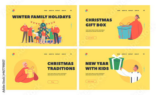 Family Celebrate Winter Holidays Landing Page Template. Family Celebration, Parents, Grandparents and Kids Celebrate Eve