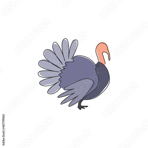 One single line drawing of big turkey for poultry logo identity. Fowl bird mascot concept for farming icon. Modern continuous line draw design vector illustration graphic