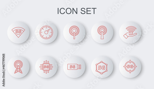 Set line 5G network, Antenna, Digital speed meter, Processor and modem icon. Vector