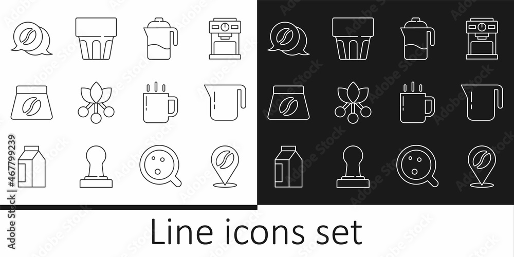 Set line Location with coffee bean, Coffee pot, French press, branch, Bag beans, and conversation, cup and Glass water icon. Vector