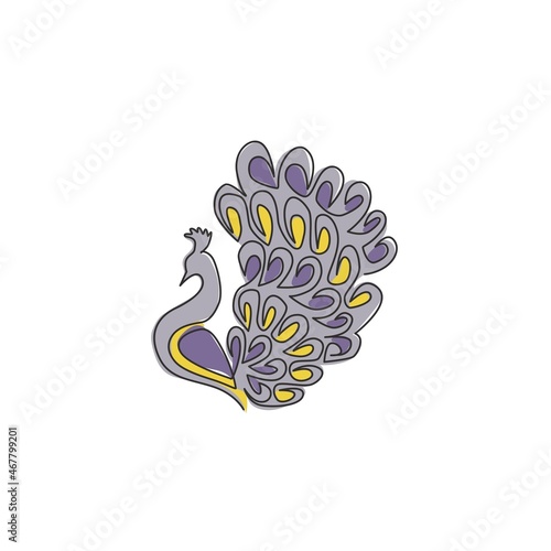 One continuous line drawing of beauty adorable peacock for company logo identity. Big pretty bird mascot concept for national zoo icon. Modern single line draw design vector graphic illustration