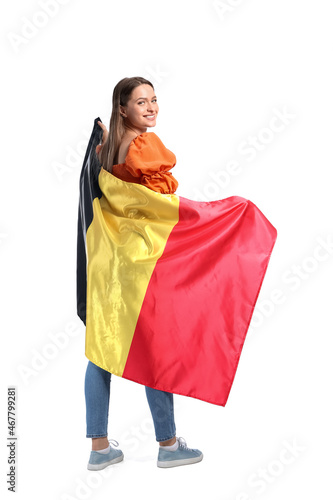 Young woman with flag of Belgium on white background