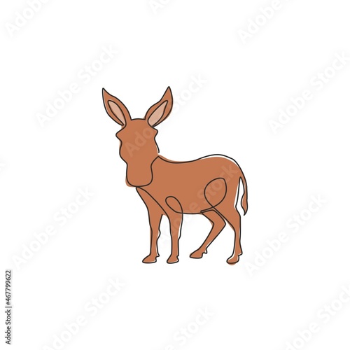 One continuous line drawing of standing donkey for logo identity. Mini horse size mascot concept for donkey ranch icon. Modern single line draw design vector illustration