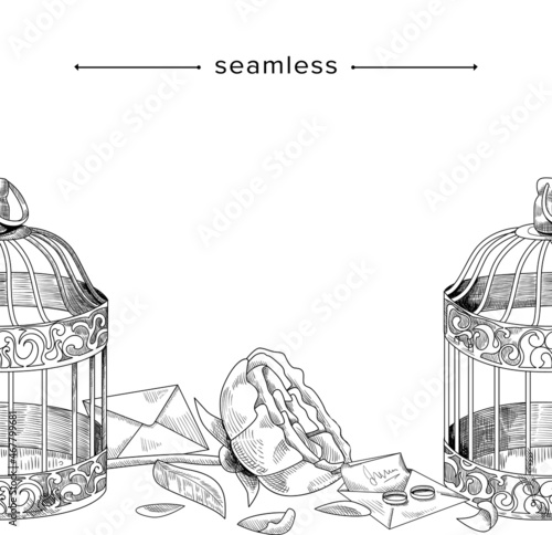 Romantic Doodle Seamless Pattern with Birds Cage, Peony Flower, Engaging Rings and Love Letter in Envelope, Frame