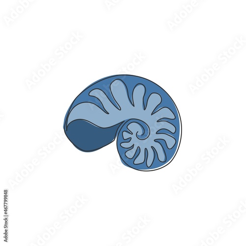 Single continuous line drawing beauty sea snail shell for nautical logo identity. Seashell mascot concept for beach conservation icon. Modern one line draw design vector illustration