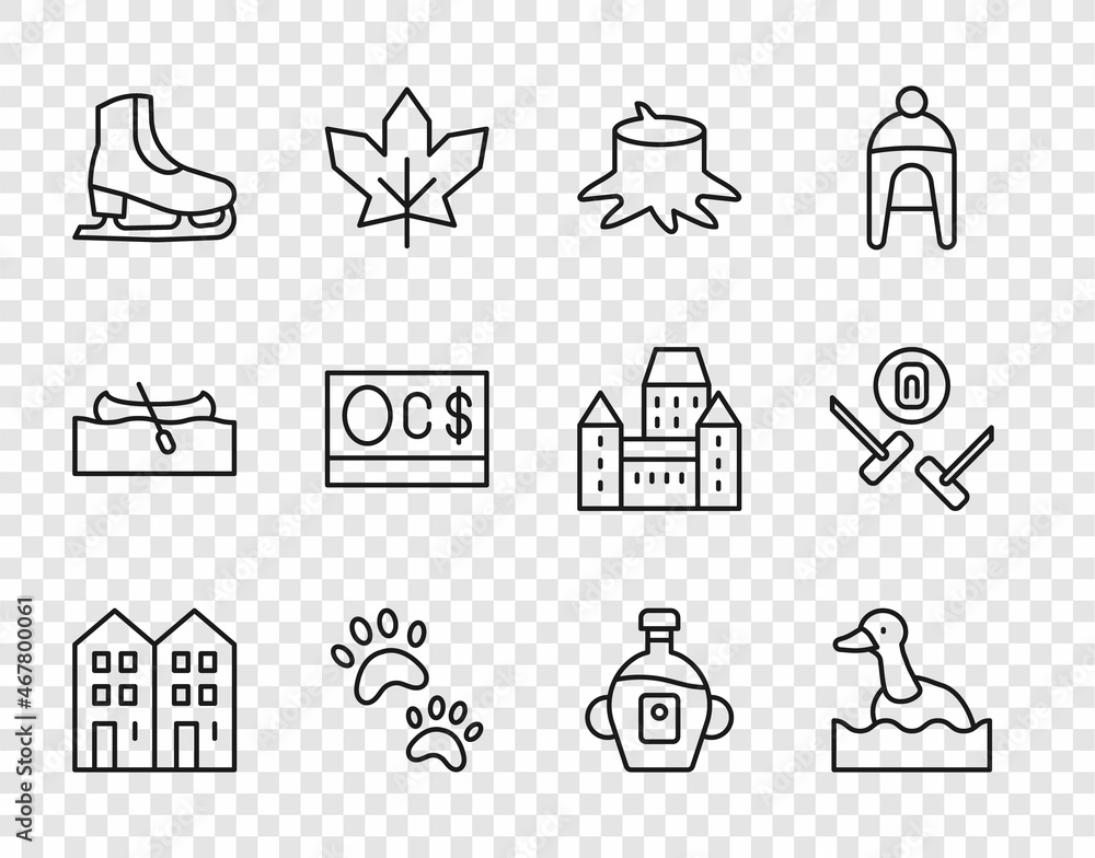 Set line House, Flying duck, Tree stump, Paw print, Skates, Canadian dollar, Maple syrup and Curling sport game icon. Vector Set line House, Flying duck, Tree stump, Paw print, Skates, Canadian dollar, Maple syrup and Curling sport game icon. Vector