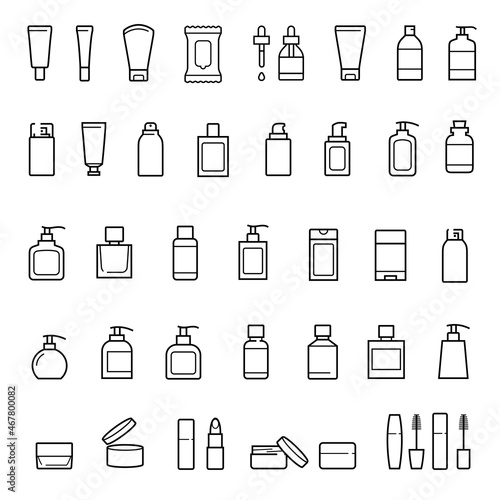 Set of editable outline icons. A set of icons for cosmetics packages. Сan be used for cosmetic, medical and other needs. Ideal for use in e-commerce, mobile, packaging and etc. EPS10.
