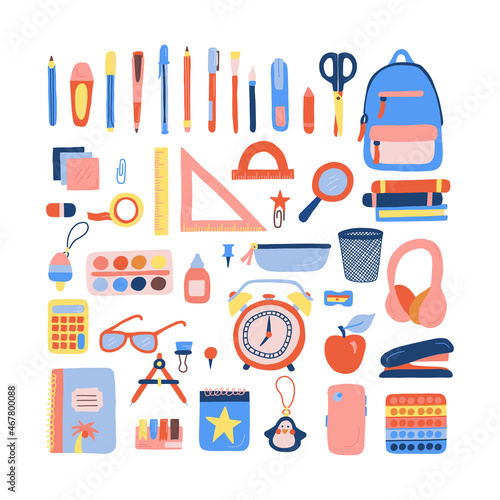 Big flat hand drawn illustrations set of school supplies. Vector clip art stationery objects.
Back to school illustration template on isolated on white background. Vector elements with stationery.