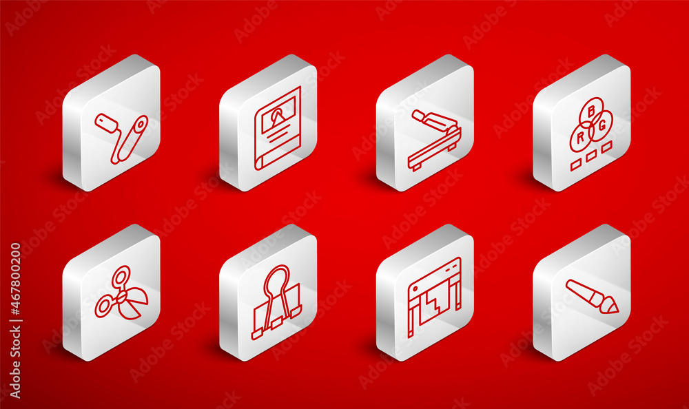 Set line Paint brush, Photo album gallery, Paper cutter, RGB color mixing, Plotter, roller, Binder clip and Scissors icon. Vector Set line Paint brush, Photo album gallery, Paper cutter, RGB color mixing, Plotter, roller, Binder clip and Scissors icon. Vector