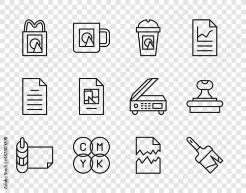 Set line Roll of paper, Paint brush, Coffee cup to go, CMYK color mixing, Paper shopping bag, File document, Torn and Stamp icon. Vector