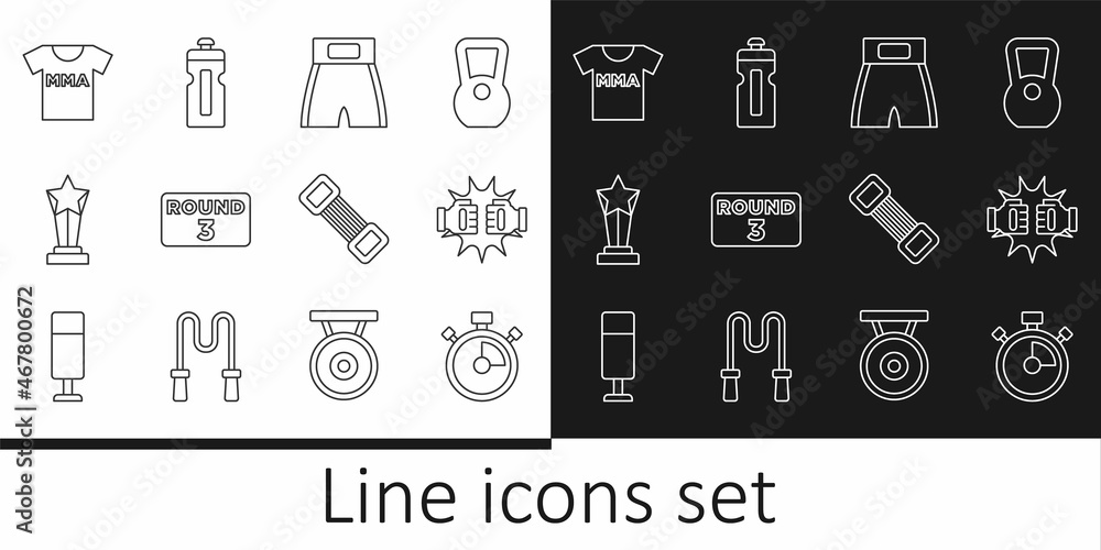 Set line Stopwatch, Punch in boxing gloves, Boxing short, ring board, Award cup, T-shirt with fight club MMA, Chest expander and Fitness shaker icon. Vector