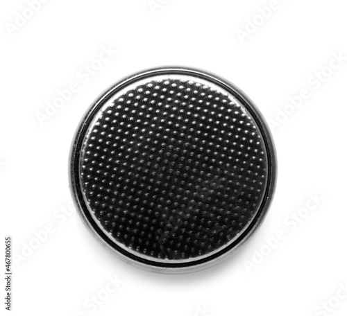 Lithium button cell battery on white background