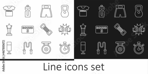 Set line Stopwatch, Punch in boxing gloves, Boxing short, ring board, Award cup, T-shirt with fight club MMA, Chest expander and Fitness shaker icon. Vector