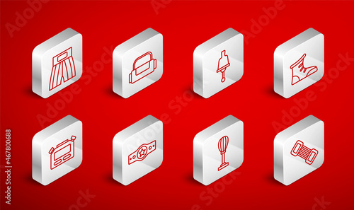 Set line Chest expander, Sport bag, Ringing bell, boxing shoes, Punching, Boxing short, belt and Stopwatch icon. Vector