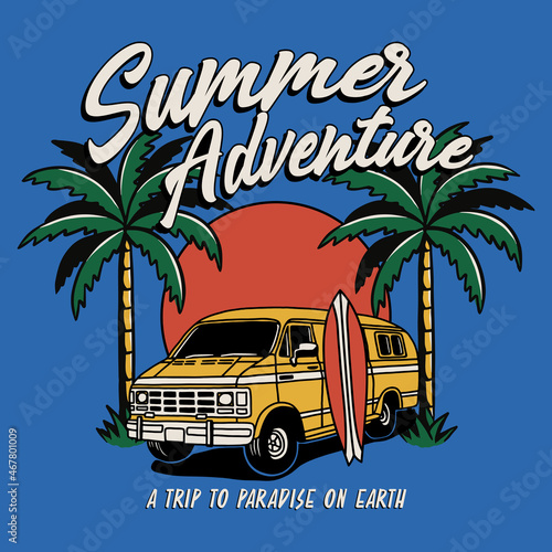 Adventure Mobile with Palms and Surf Board Summer Illustration Artwork Print on Blue Background for Apparel and Other Uses