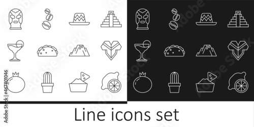 Set line Lemon, Poncho, Mexican sombrero, Taco with tortilla, Margarita cocktail, wrestler, Volcano eruption lava and Coffee beans icon. Vector