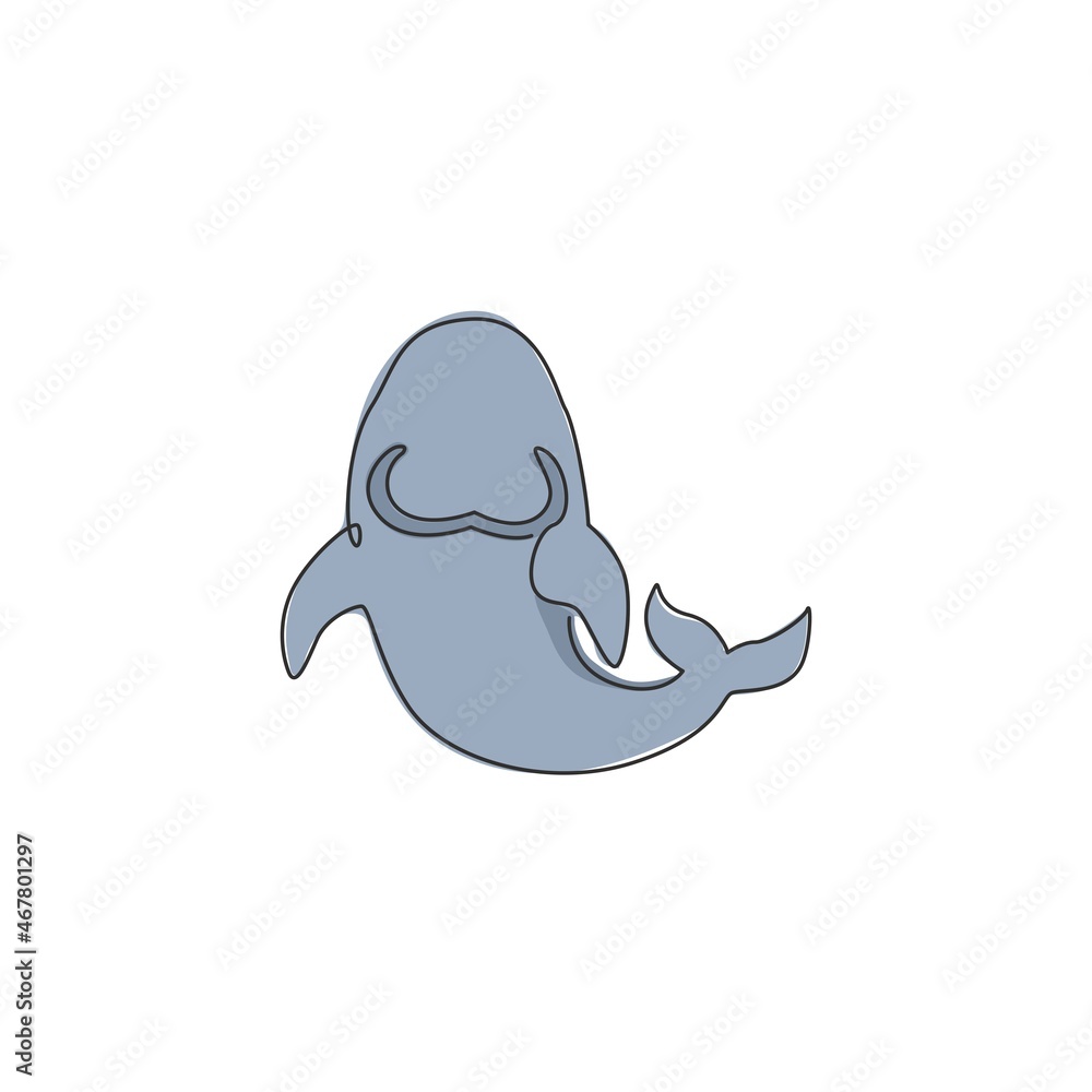 Obraz premium One continuous line drawing of cute dugong for aquatic logo identity. Egyptian marsa alam fish mascot concept for national aquarium show icon. Modern single line draw design vector illustration