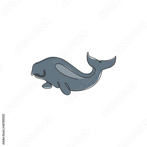 Single continuous line drawing of adorable dugong for marine company logo identity. Sea cow mascot concept for sea world show icon. Modern one line draw design vector graphic illustration