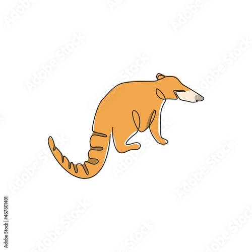 Single one line drawing of beautiful coati for company logo identity. Diurnal mammals mascot concept for national conservation park icon. Modern continuous line draw design vector illustration