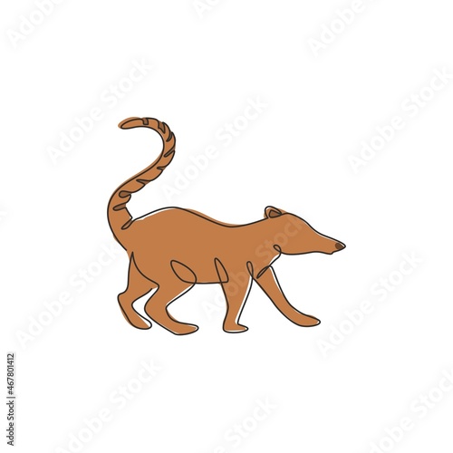 Single continuous line drawing of adorable coati for company logo identity. Ring tailed mammal animal mascot concept for national park icon. Modern one line draw design vector graphic illustration