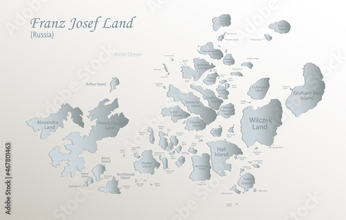 Franz Josef Land map, administrative division with names, white blue card paper 3D vector