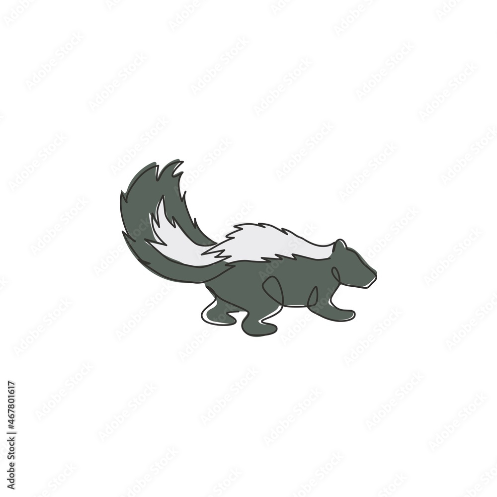 One single line drawing of adorable striped skunk for company logo identity. Sprayer liquid with stink smell animal mascot concept for zoo icon. Modern continuous line draw design vector illustration One single line drawing of adorable striped skunk for company logo identity. Sprayer liquid with stink smell animal mascot concept for zoo icon. Modern continuous line draw design vector illustration
