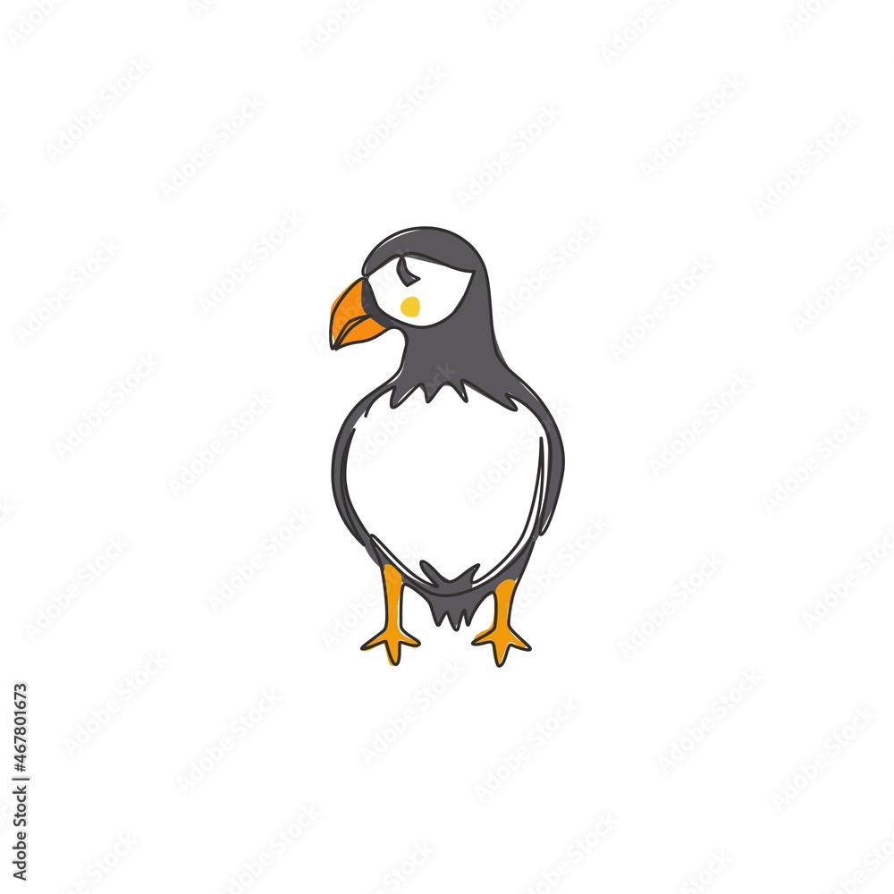 Fototapeta premium One single line drawing of funny puffin for organisation logo identity. Adorable sea bird mascot concept for national conservation park icon. Modern continuous line draw design vector illustration