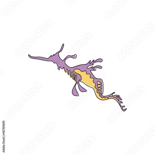 One continuous line drawing of cute leafy seadragon for aquatic logo identity. Camouflage animal mascot concept for sea world show icon. Modern single line draw graphic design vector illustration