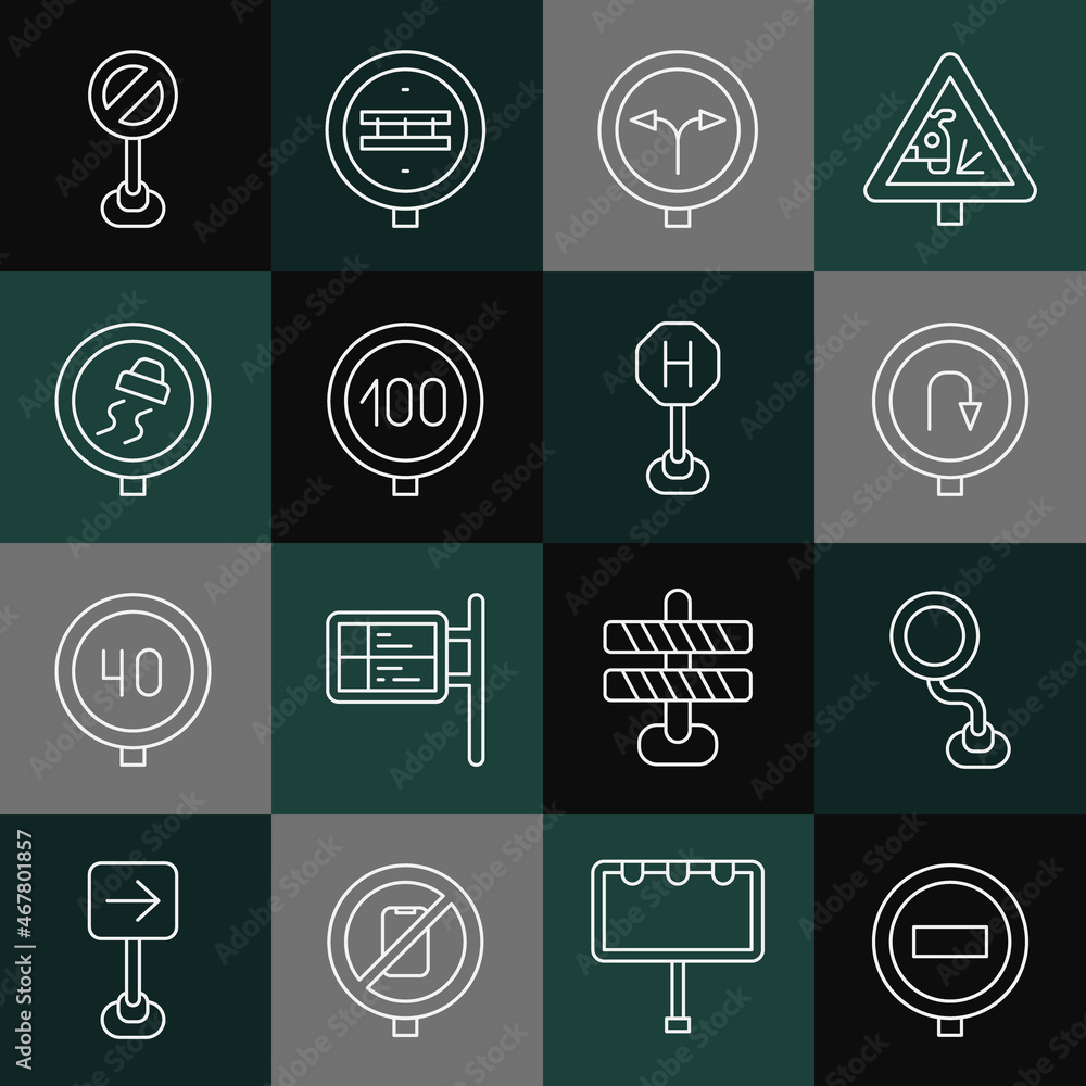 Set line Stop sign, Road traffic, Turn back road, Fork in the, Speed limit, Slippery, and Hospital icon. Vector