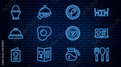 Set line Fork, spoon and knife, Online ordering delivery, Served fish plate, Scrambled eggs, Hotel service bell, Chicken stand, Steak meat and Covered with tray of food icon. Vector