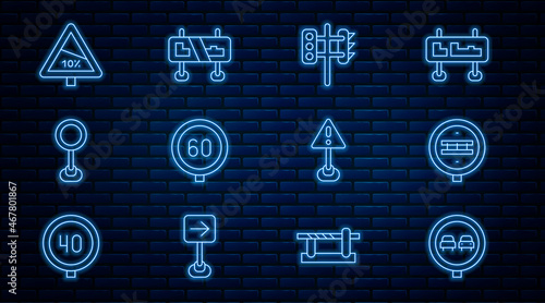 Set line No overtaking road traffic, Railroad crossing, Traffic light, Speed limit, Road sign, Steep ascent and descent, Exclamation mark triangle and icon. Vector