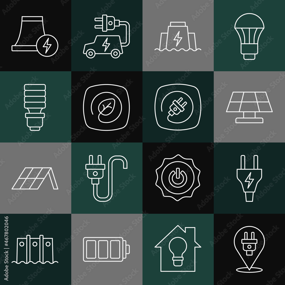 Set line Electric plug, Solar energy panel, Hydroelectric dam, Location with leaf, LED light bulb, Nuclear power plant and icon. Vector Set line Electric plug, Solar energy panel, Hydroelectric dam, Location with leaf, LED light bulb, Nuclear power plant and icon. Vector
