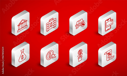 Set line Finance document, Briefcase and money, Car leasing percent, Mobile banking, Dollar plant, Bank building, Coin with dollar and Money bag icon. Vector